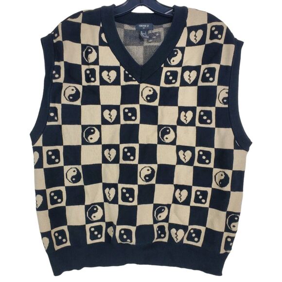 FOREVER 21 Vest Mens Large Black Beige All Over Checker Print Sweater V Neck - Picture 1 of 7